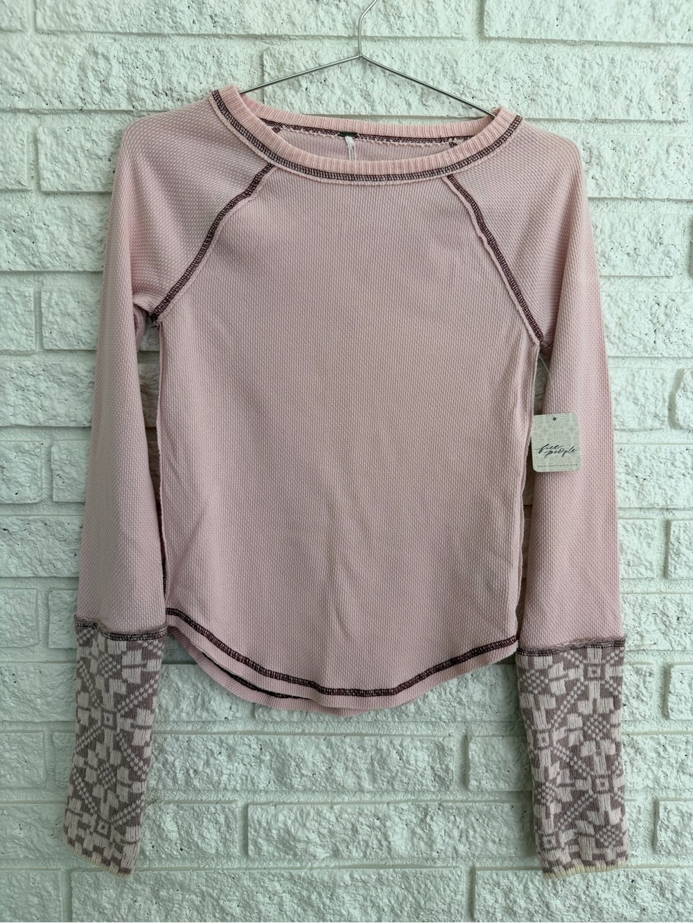 Free People Dreamt Kiss Dusty Pink Long-Sleeve Knit Top with Patterned Cuffs